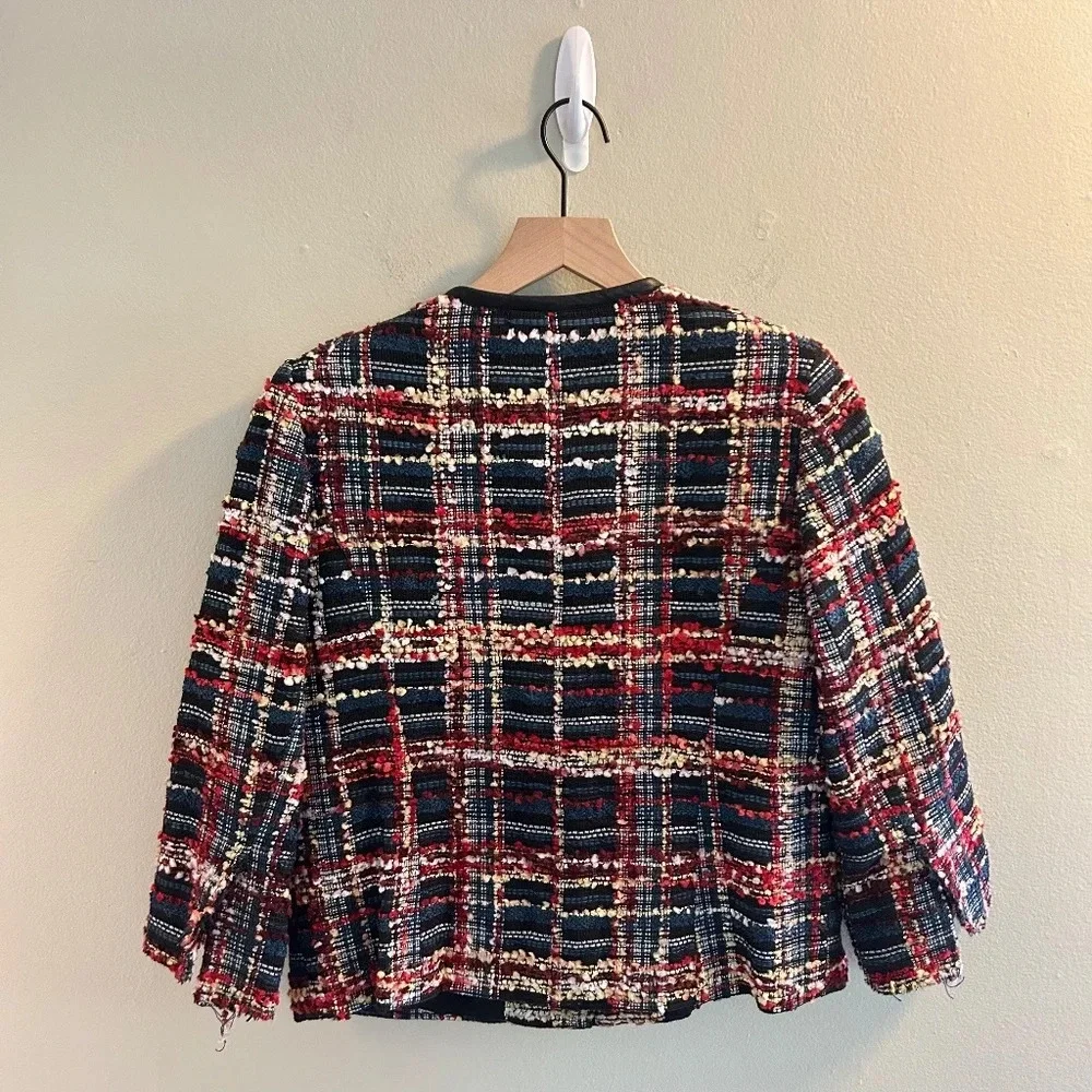 Smythe Boucle Leather-Detail Jacket Womens Size 6 Plaid Blazer Navy Career - Picture 10 of 10